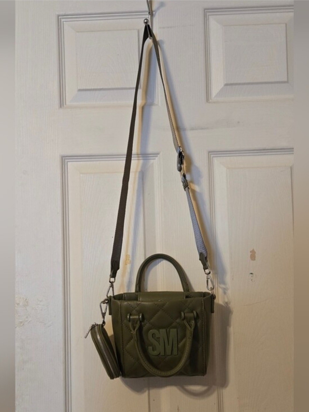 Steve Madden Olive Quilted Crossbody Tote Bag with Monogram Accent